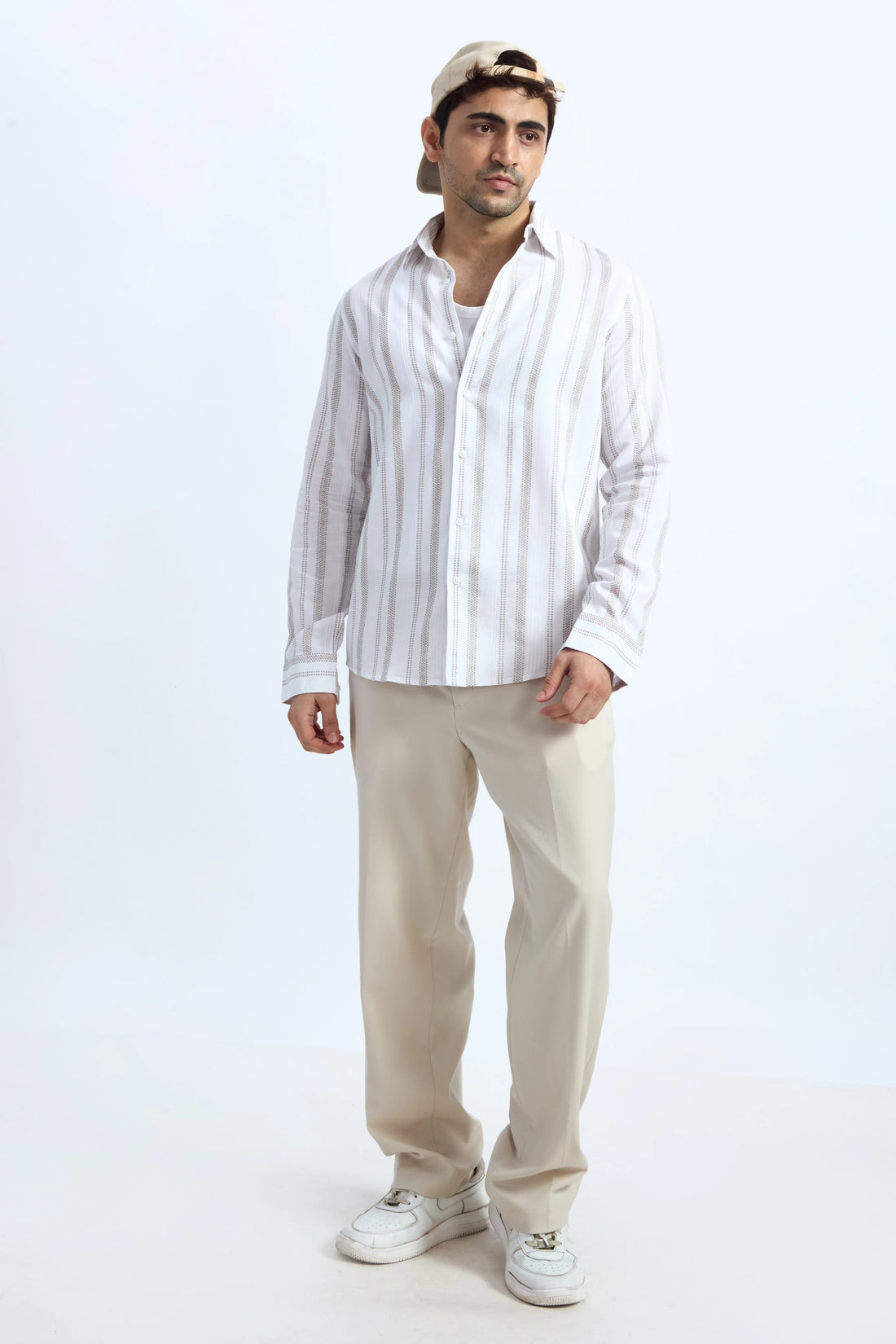 BEIGE STRIPE COTTON SLUB SHIRT