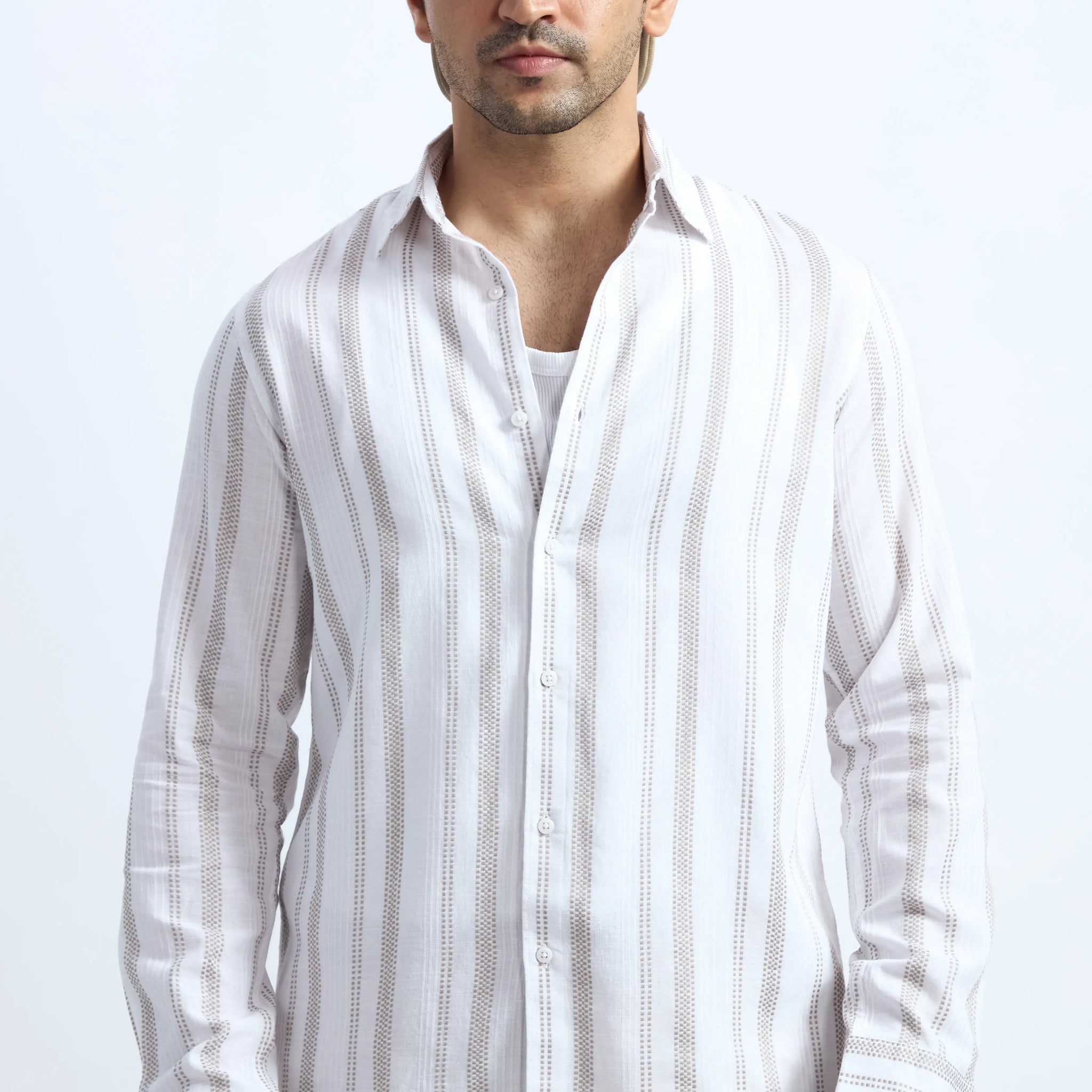 BEIGE STRIPE COTTON SLUB SHIRT
