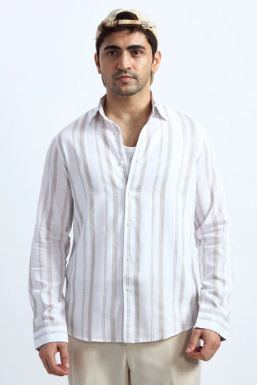 BEIGE STRIPE COTTON SLUB SHIRT