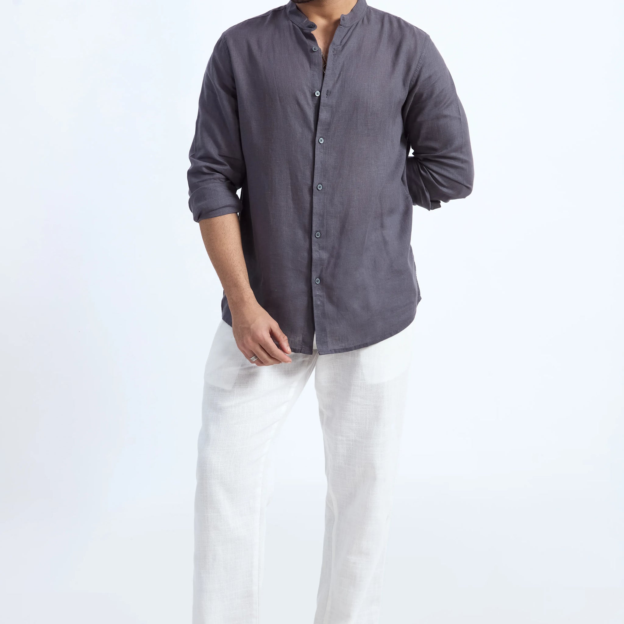 CHARCOAL GREY LINEN BLEND MANDARIN COLLAR SHIRT