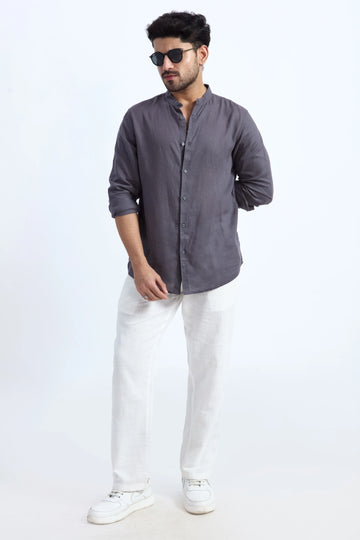 CHARCOAL GREY LINEN BLEND MANDARIN COLLAR SHIRT