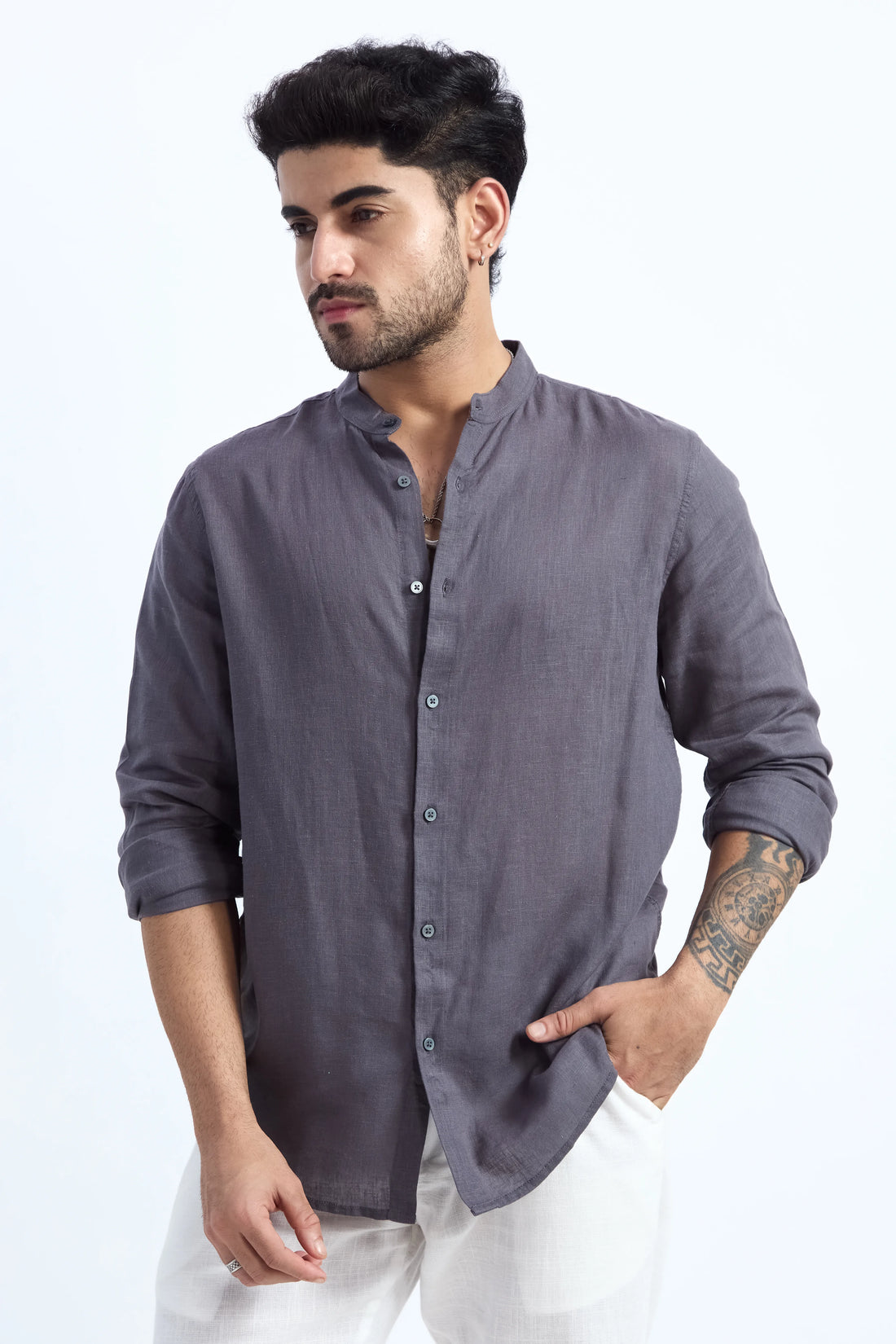 CHARCOAL GREY LINEN BLEND MANDARIN COLLAR SHIRT
