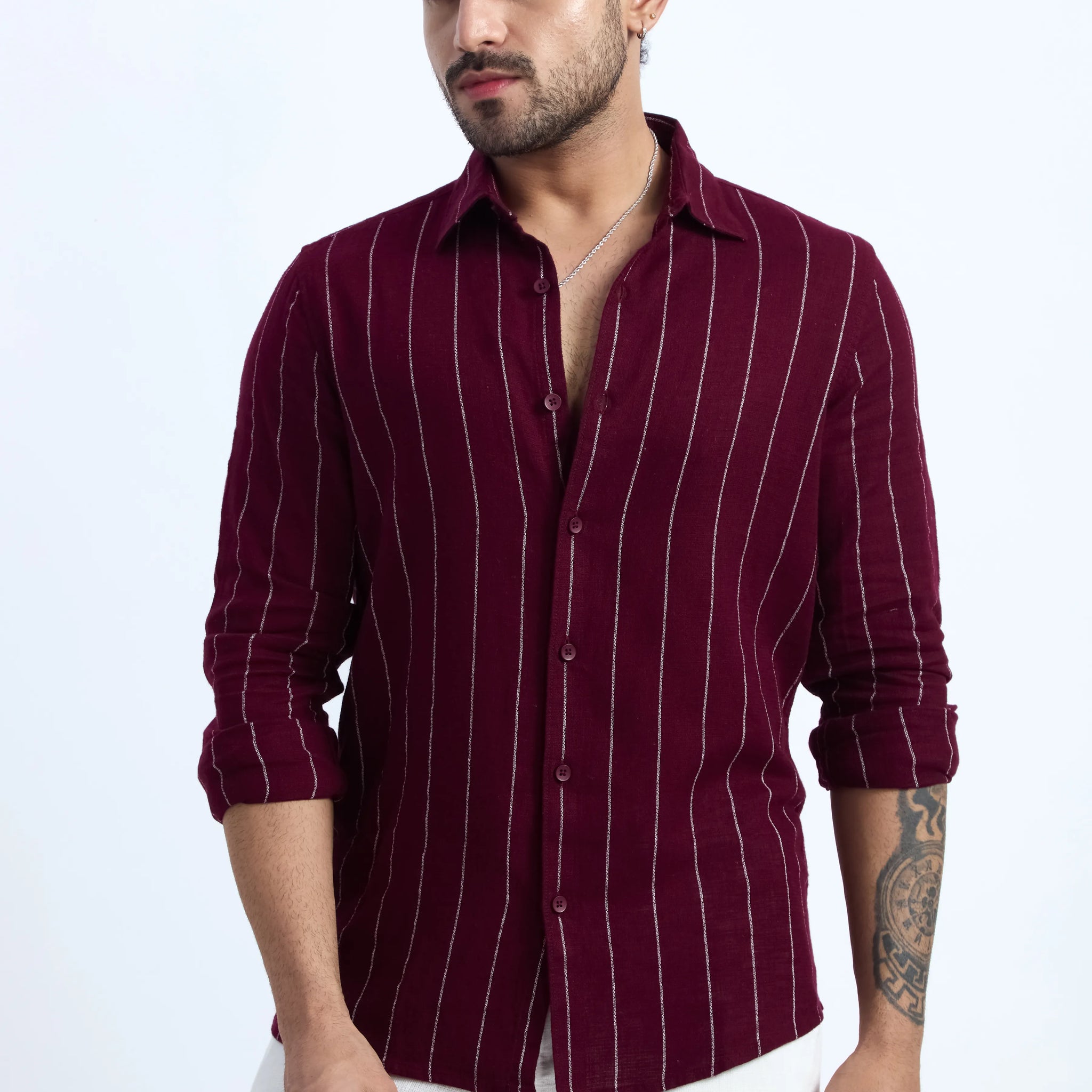 MAROON PINSTRIPE COTTON TEXTURED SHIRT