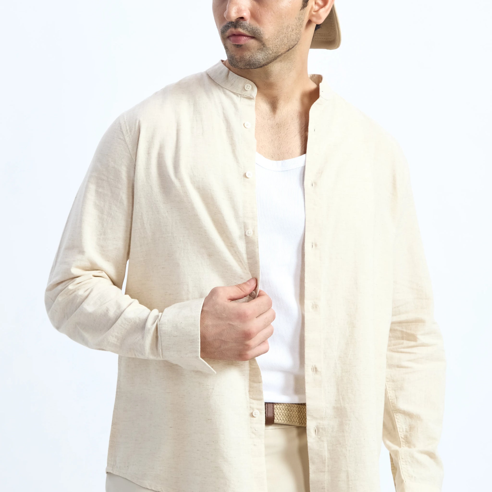 BEIGE LINEN BLEND MANDARIN COLLAR SHIRT