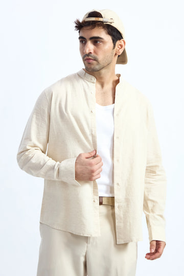 BEIGE LINEN BLEND MANDARIN COLLAR SHIRT