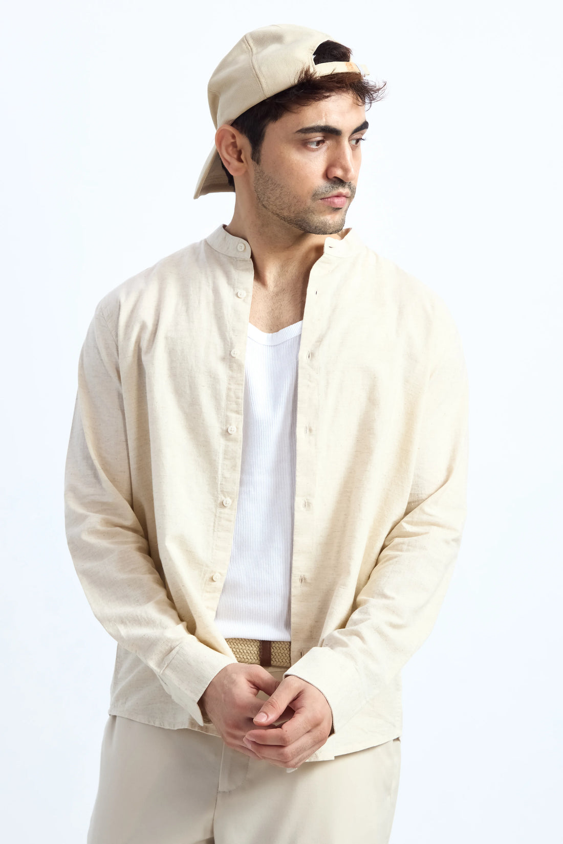 BEIGE LINEN BLEND MANDARIN COLLAR SHIRT
