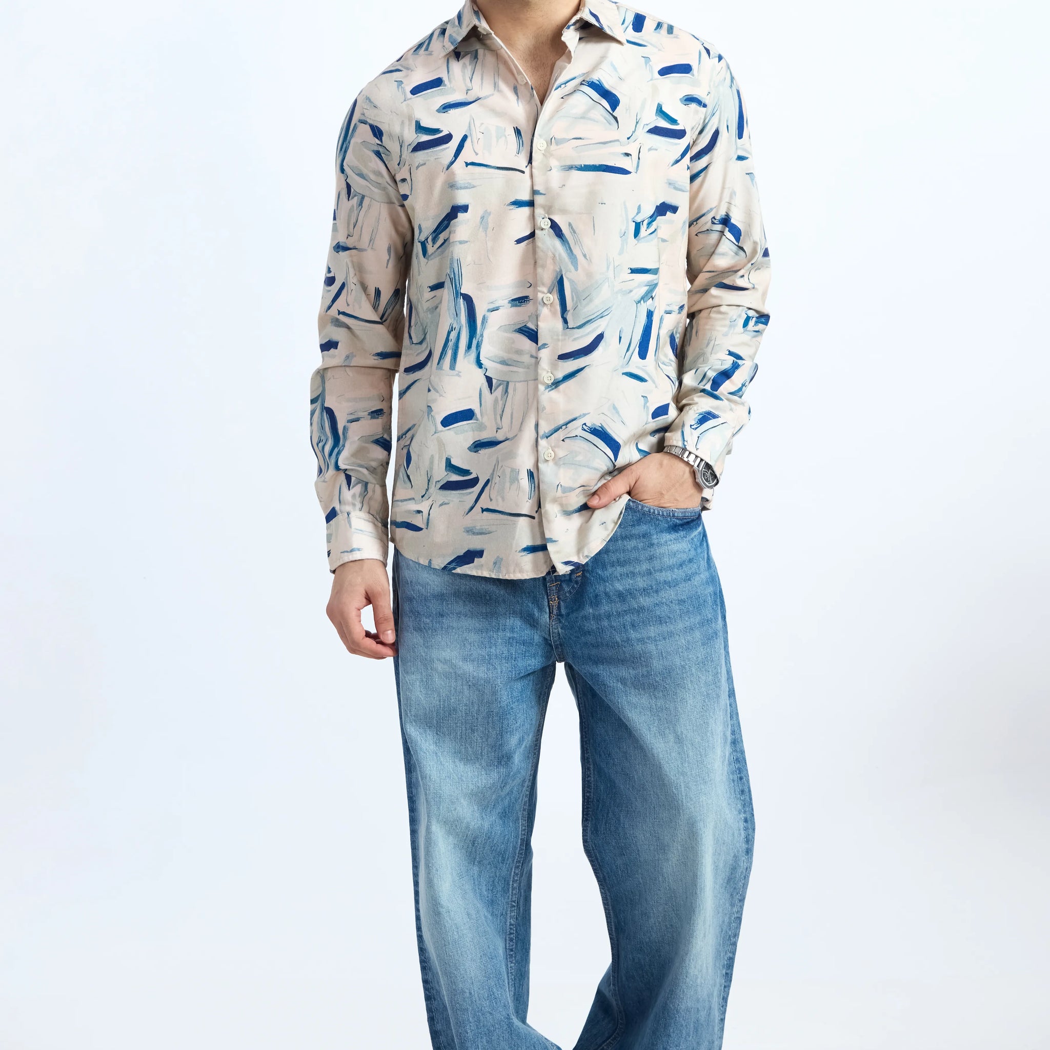 BEIGE PRINTED REGULAR FIT TENCEL SHIRT