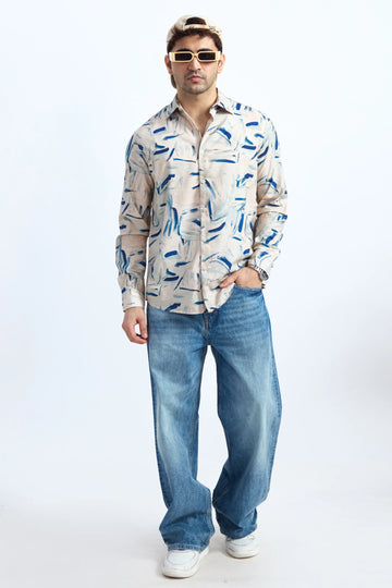 BEIGE PRINTED REGULAR FIT TENCEL SHIRT