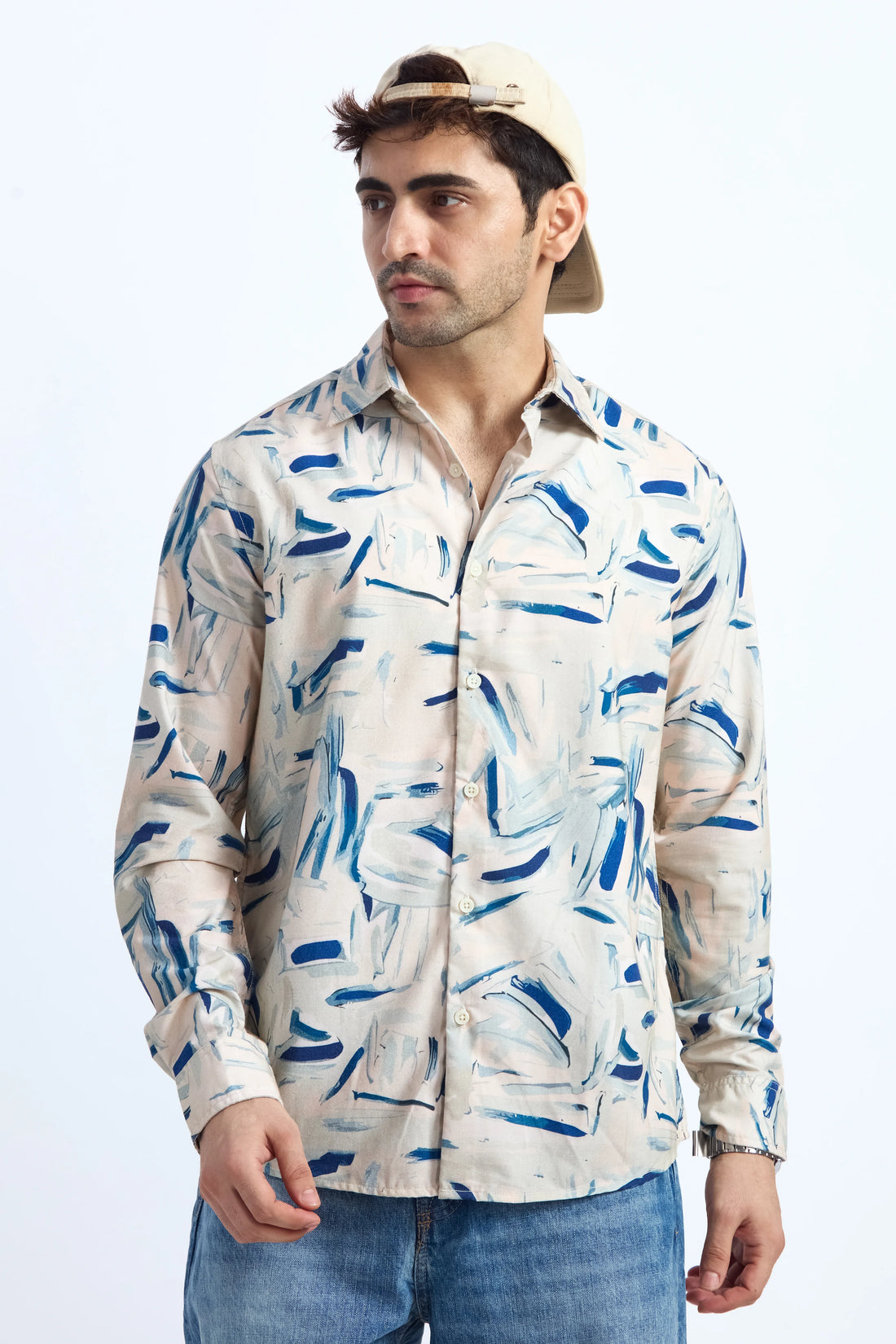 BEIGE PRINTED REGULAR FIT TENCEL SHIRT
