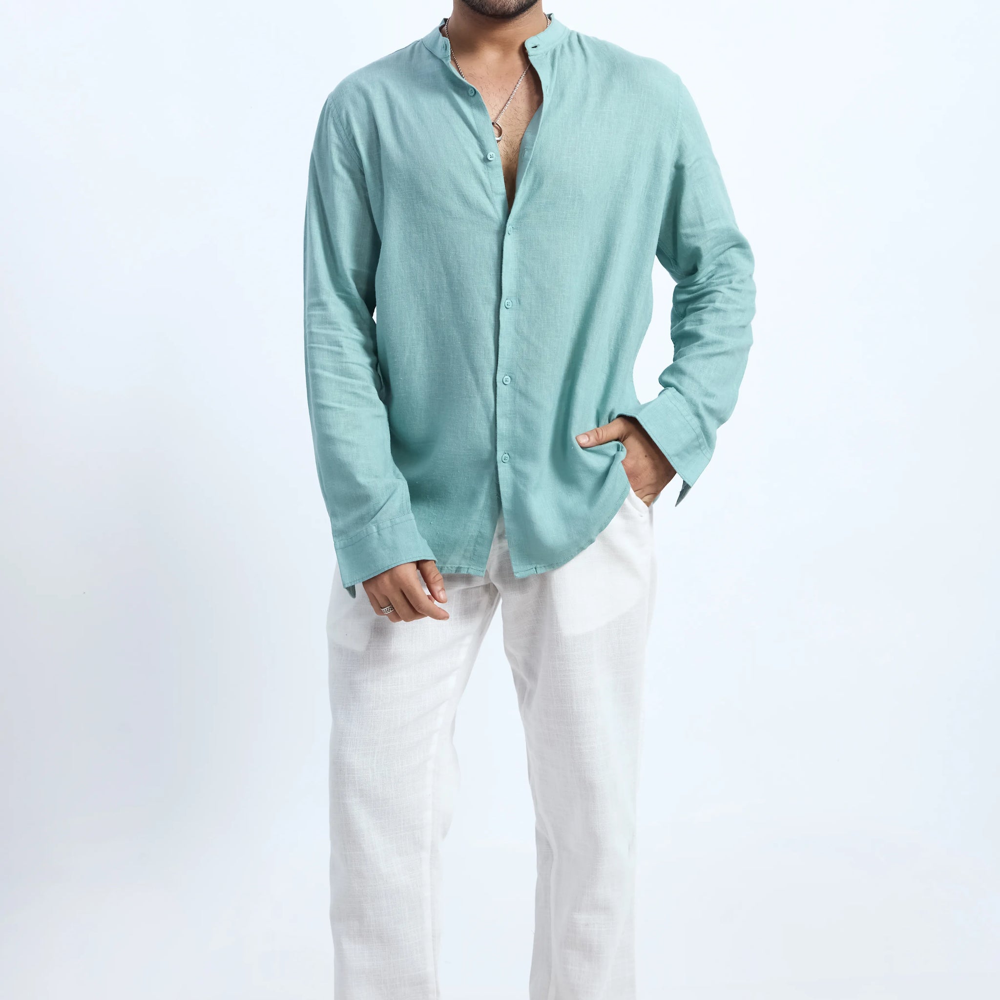 MINT GREEN  LINEN BLEND MANDARIN COLLAR SHIRT