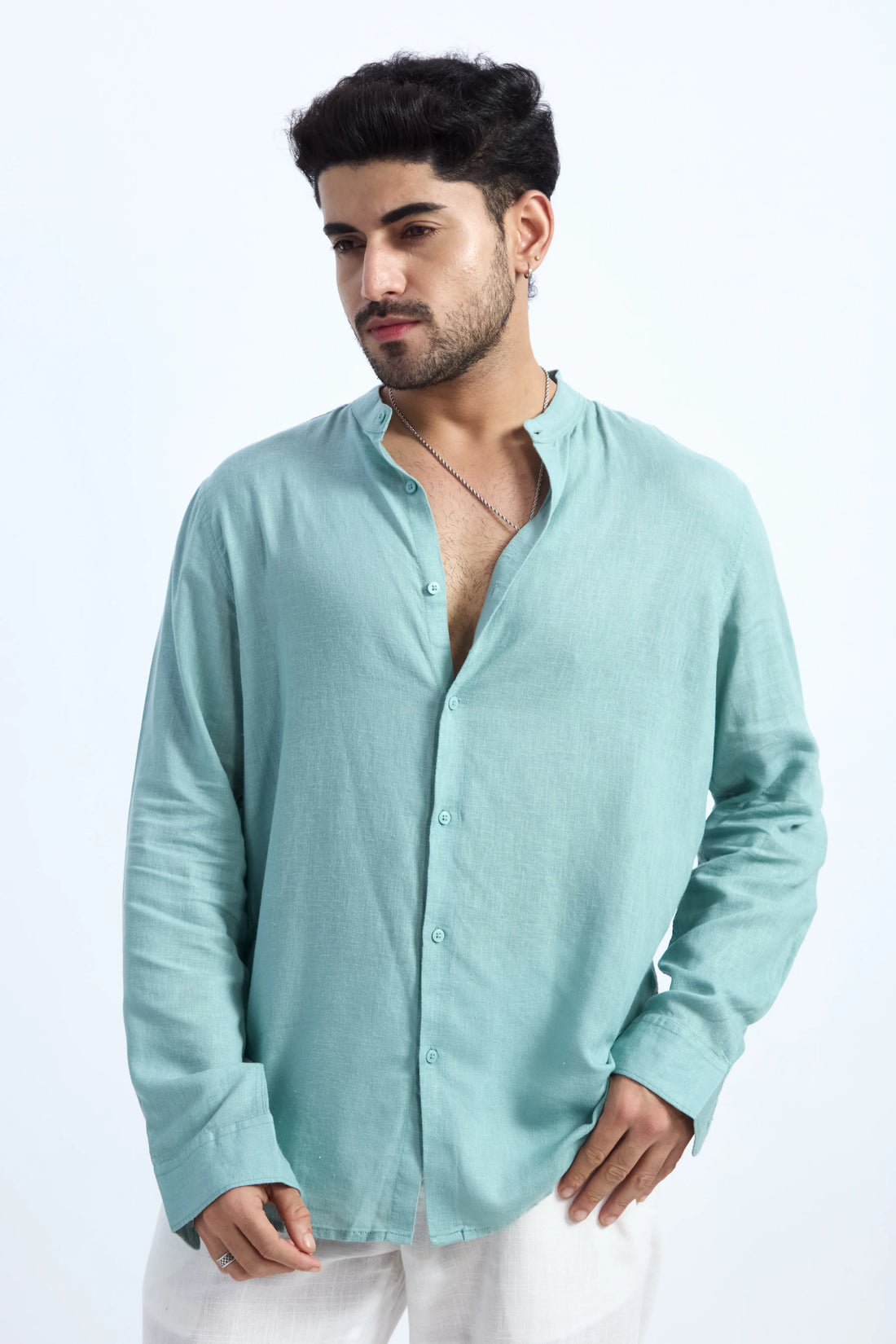 MINT GREEN  LINEN BLEND MANDARIN COLLAR SHIRT
