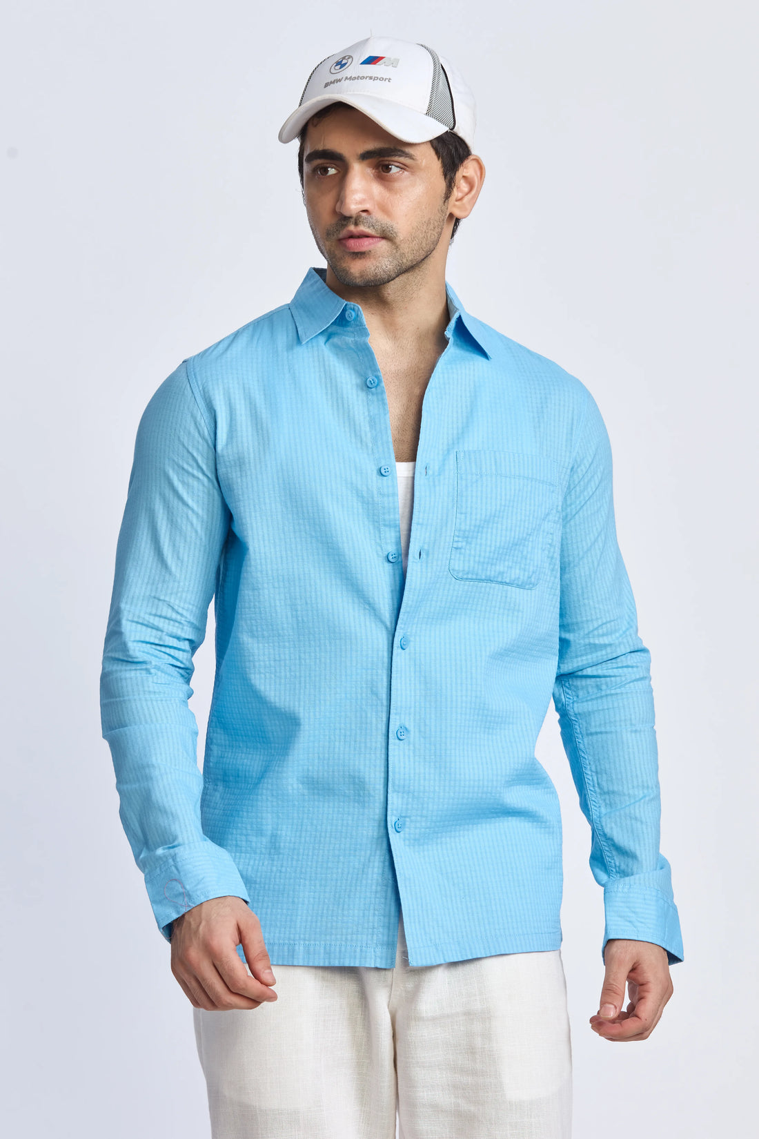 SKY BLUE XKIND CROPPED FIT COTTON CHECK SHIRT