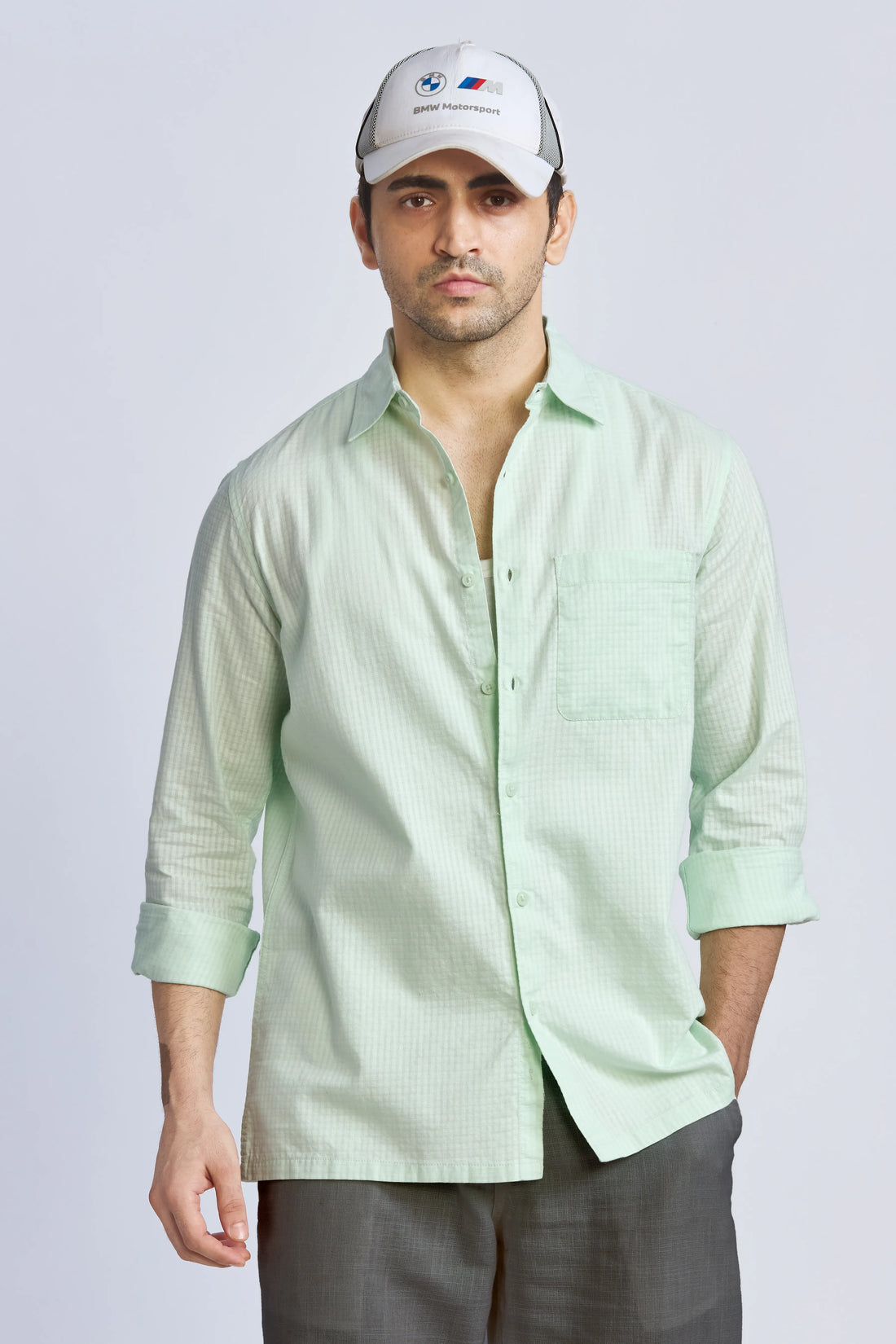 LIGHT GREEEN CROPPED FIT COTTON CHECK SHIRT