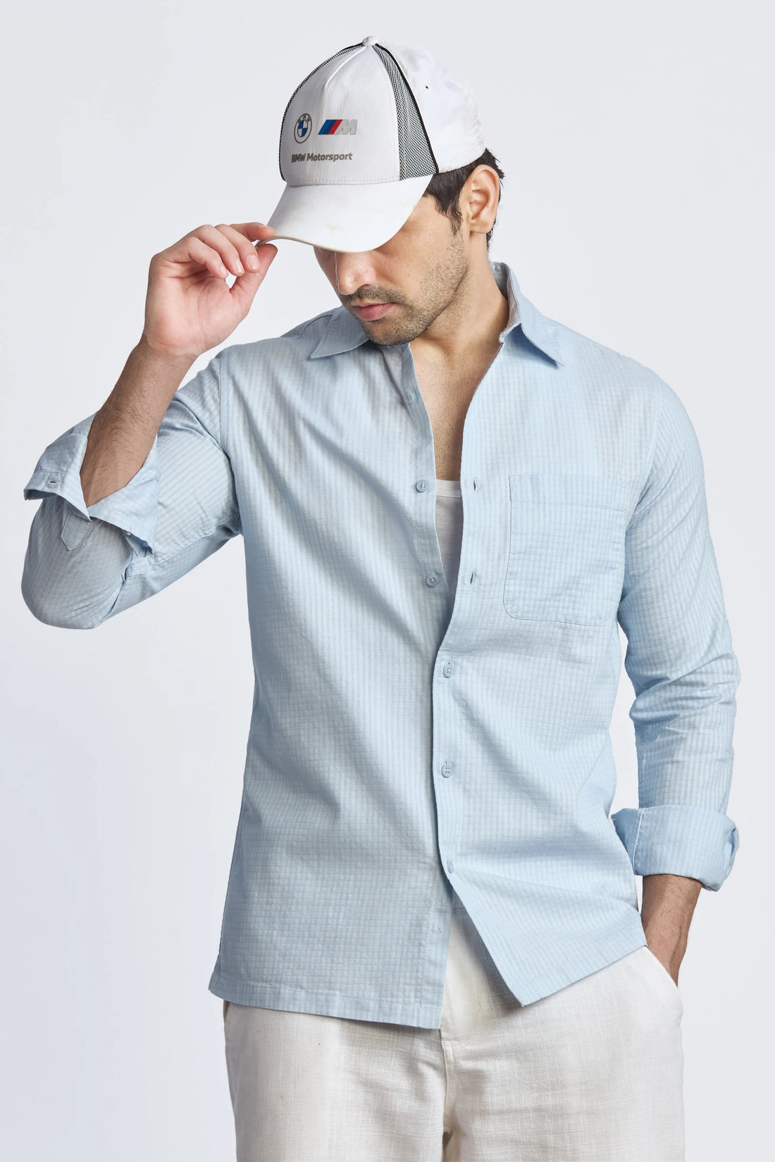 LIGHT BLUE XKIND CROPPED FIT COTTON CHECK SHIRT
