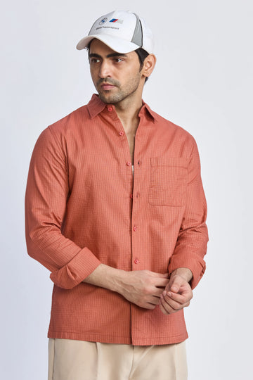 CORAL RED XKIND CROPPED FIT COTTON CHECK SHIRT