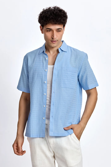 BLUE TEXTURED BOXY FIT SHIRT