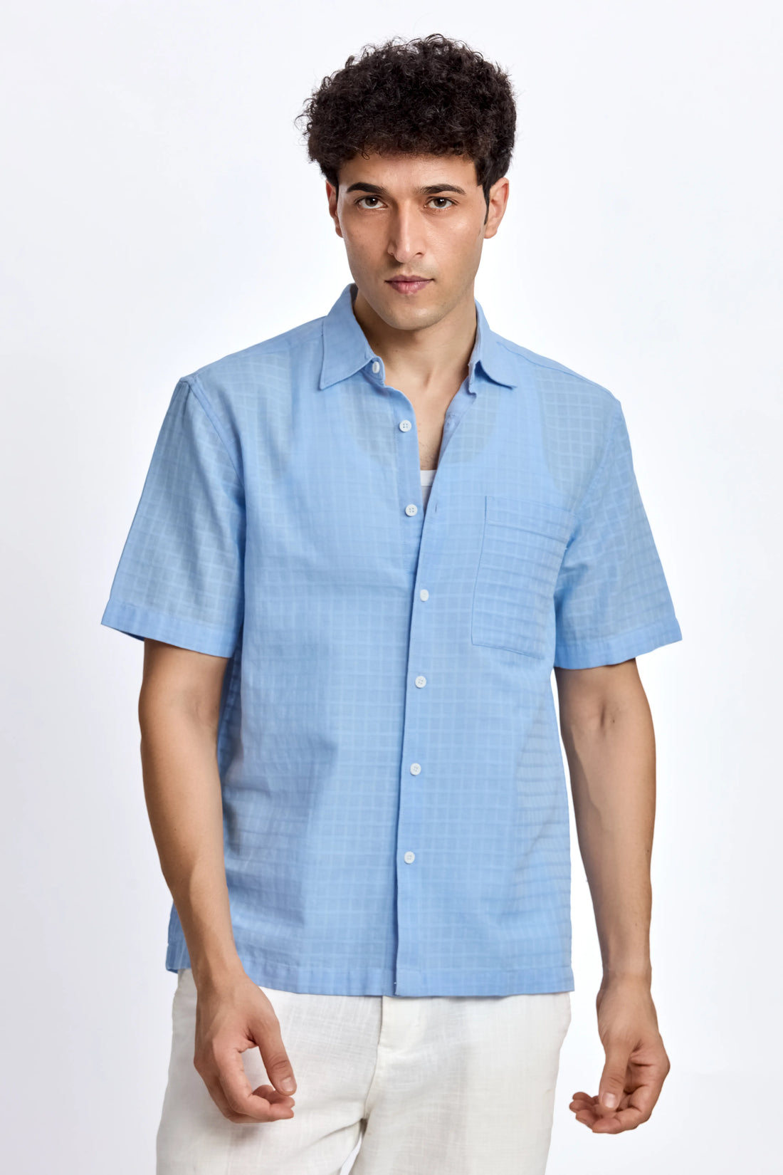 BLUE TEXTURED BOXY FIT SHIRT