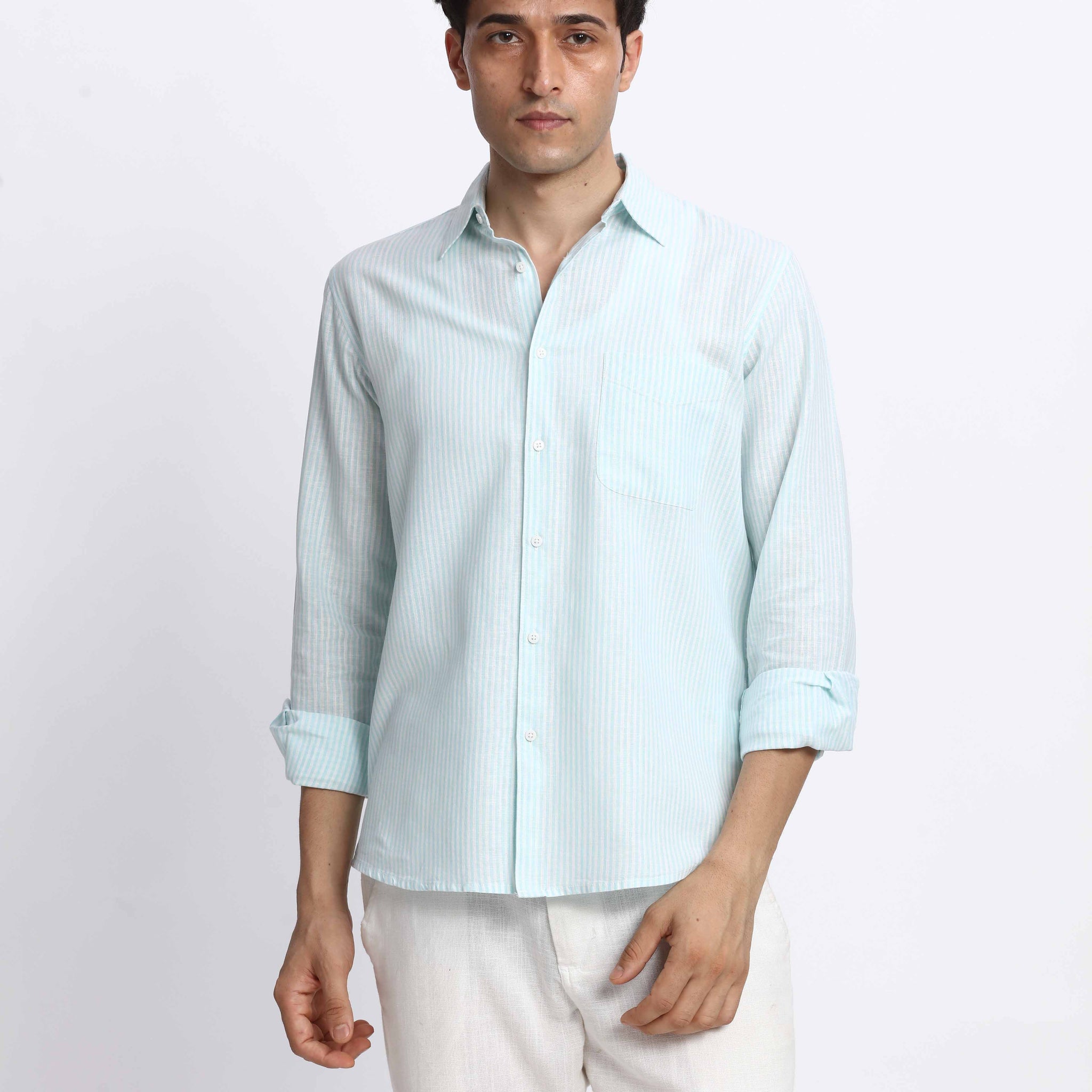 MINT BLUE PINSTRIPE REGULAR FIT SHIRT