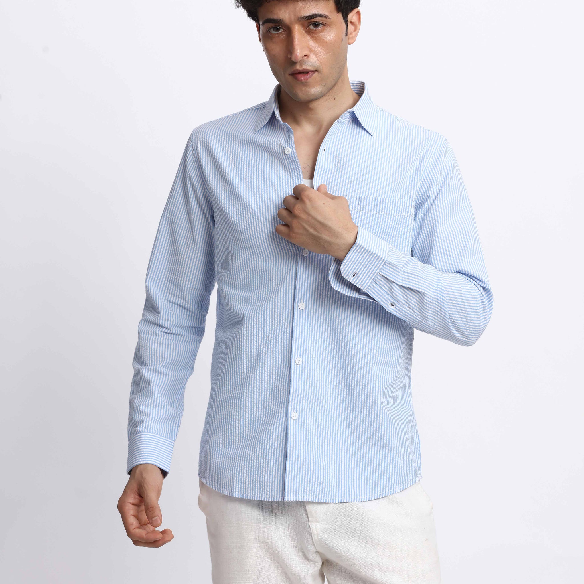 LIGHT BLUE SEERSUCKER REGULAR FIT SHIRT