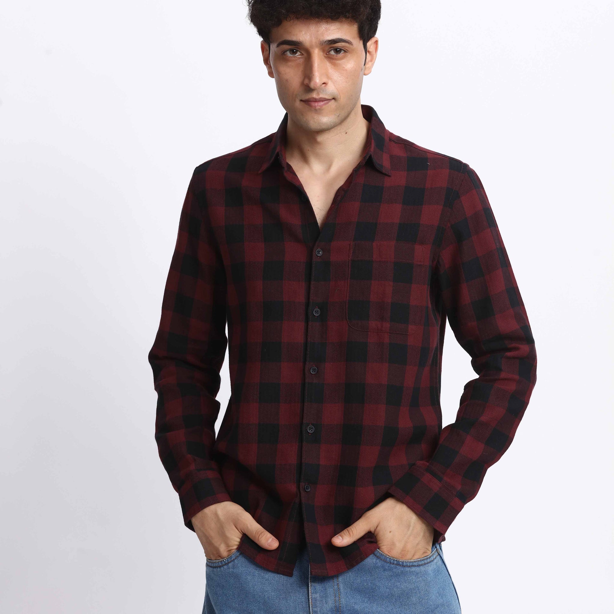 DARK RED CHECK REGULAR FIT SHIRT