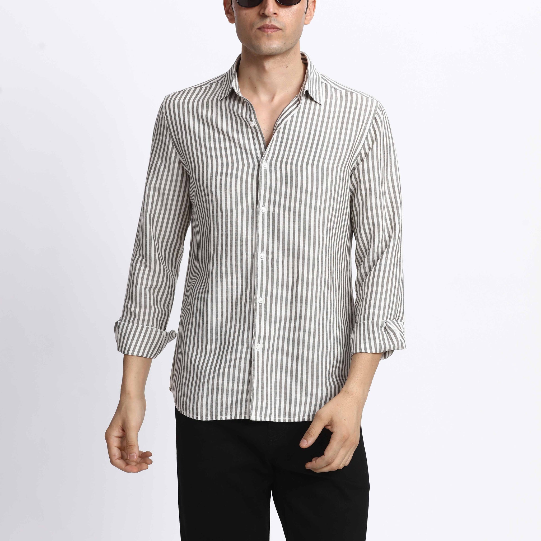LINEN BLEND WHITE STRIPE REGULAR FIT SHIRT