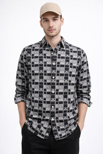 JACQUARD[COTTON] BLACK REGULAR FIT CASUAL SHIRT