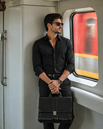 JONESBURG'S Black 100% Cotton Slim Fit Solid Shirt