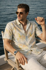 Yellow Printed Shirt for Men in Cuban Collar Relaxed Fit - XKIND
