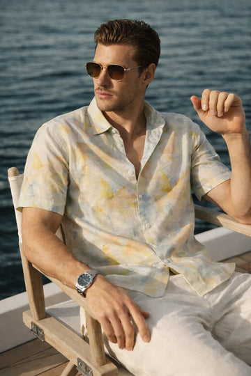 XKIND'S YELLOW HALF SLEEVES PRINTED RELAXED FIT SHIRTS FOR MEN.