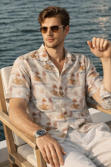 XKIND'S BROWN HALF SLEEVES PRINTED RELAXED FIT SHIRTS FOR MEN.