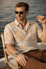 Orange Printed Shirt for Men in Cuban Collar Relaxed Fit - XKIND