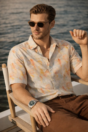 XKIND'S ORANGE HALF SLEEVES PRINTED RELAXED FIT SHIRTS FOR MEN.