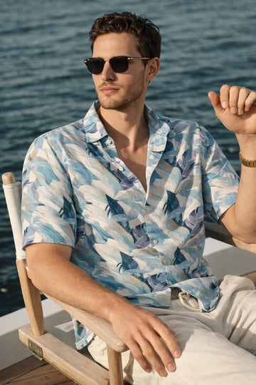 XKIND'S BLUE HALF SLEEVES PRINTED RELAXED FIT SHIRTS FOR MEN.