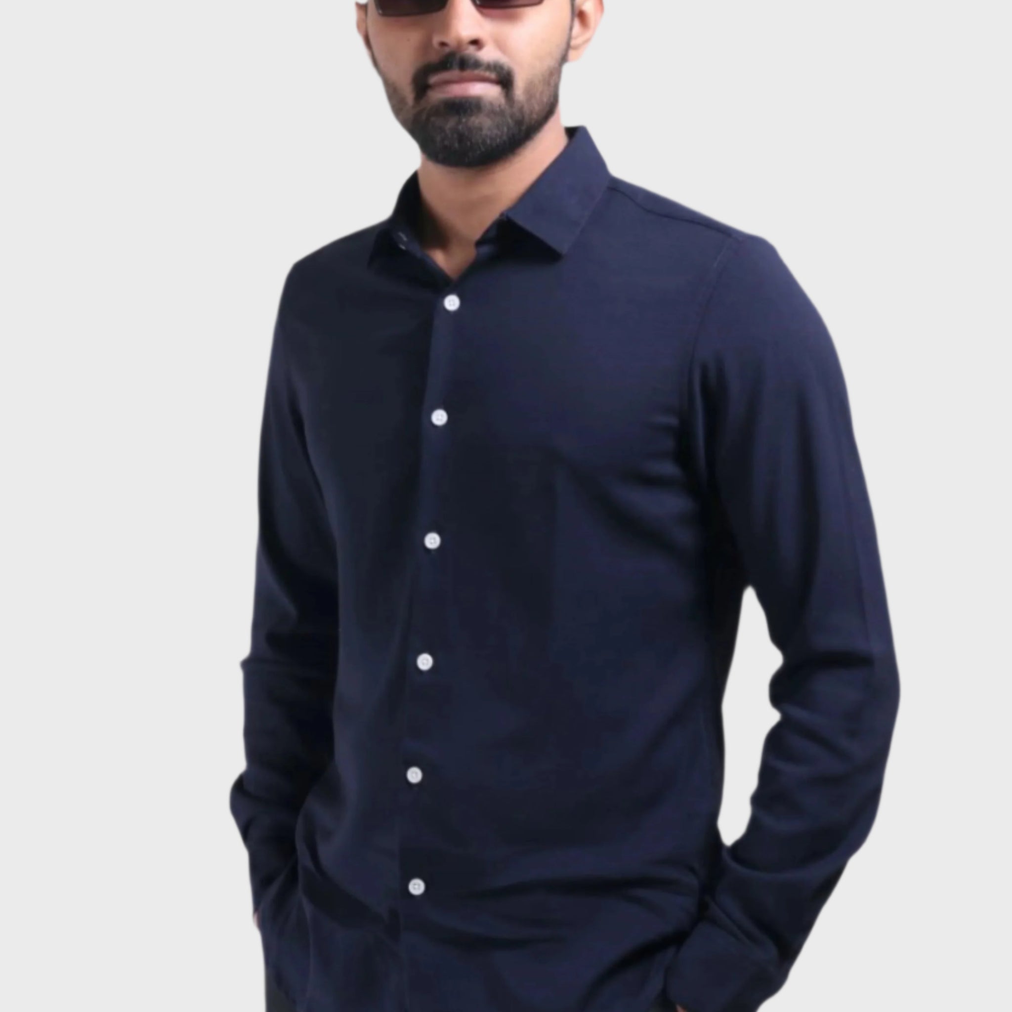 XKIND MEN'S NAVY BLUE STRETCH PLAIN SLIM FIT SHIRT