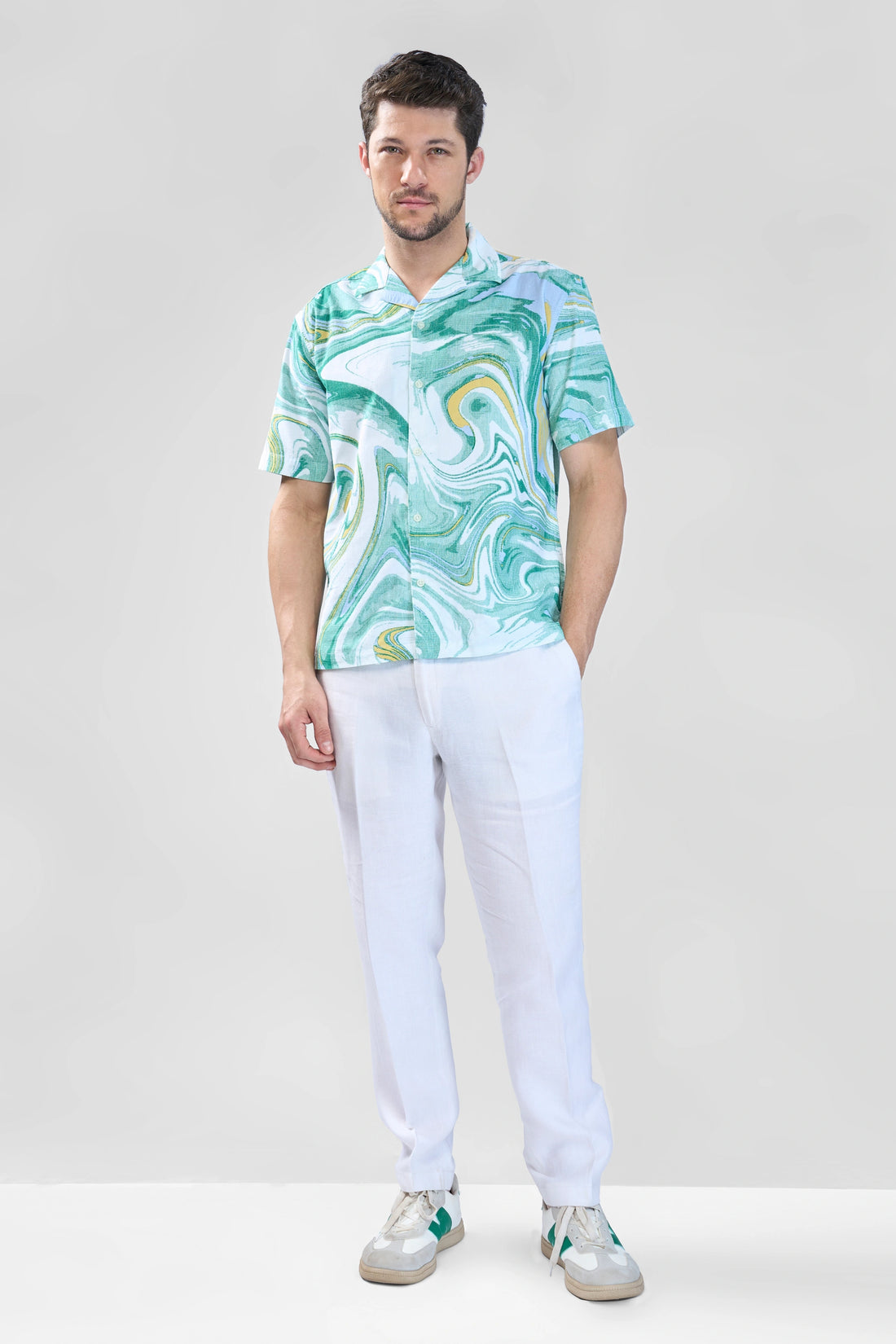XKIND GREEN FINE CORD DROP SHOULDER PRINTED RELAXED FIT SHIRT