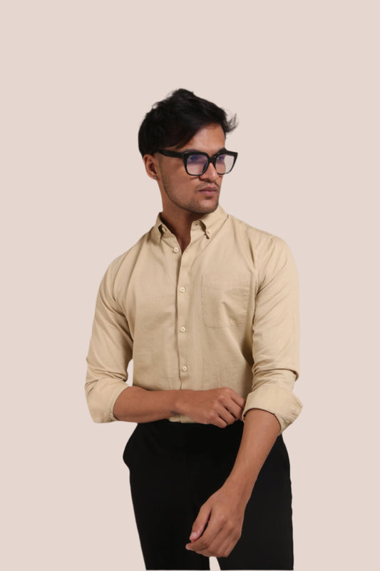 BEIGE SLUB SATIN SLIM FIT SHIRT - XKIND