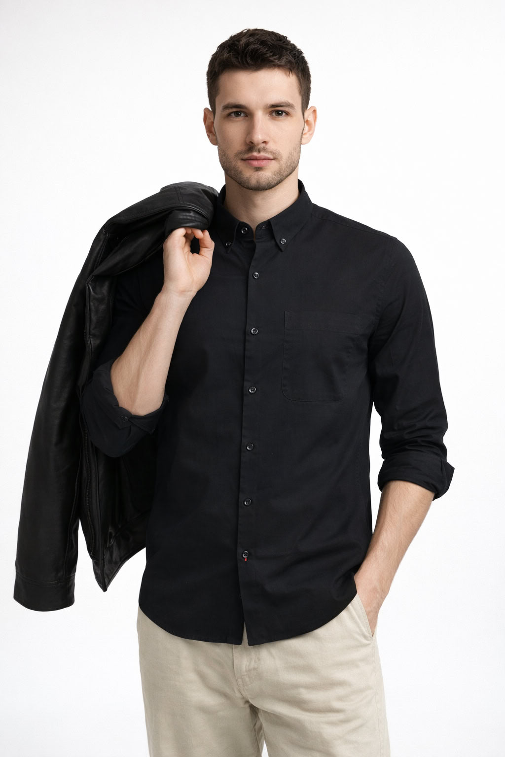 BLACK TWILL LYCRA SLIM FIT CASUAL SHIRT