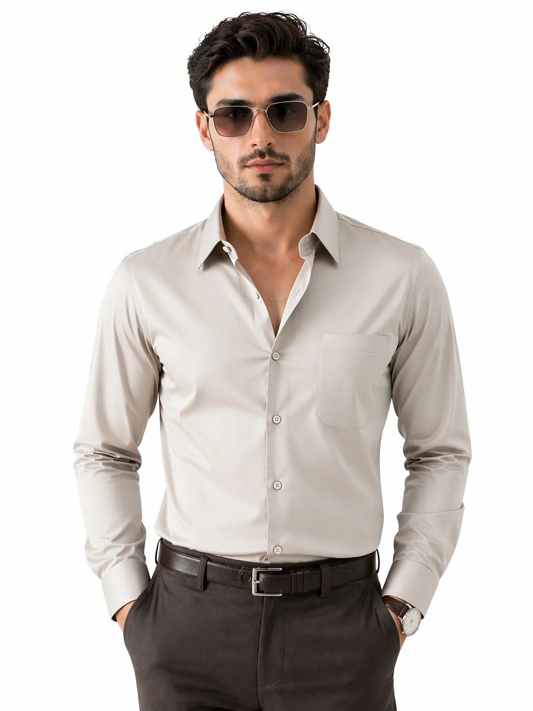 JONESBURG'S Khakhi 100% Cotton Slim Fit Solid Shirt