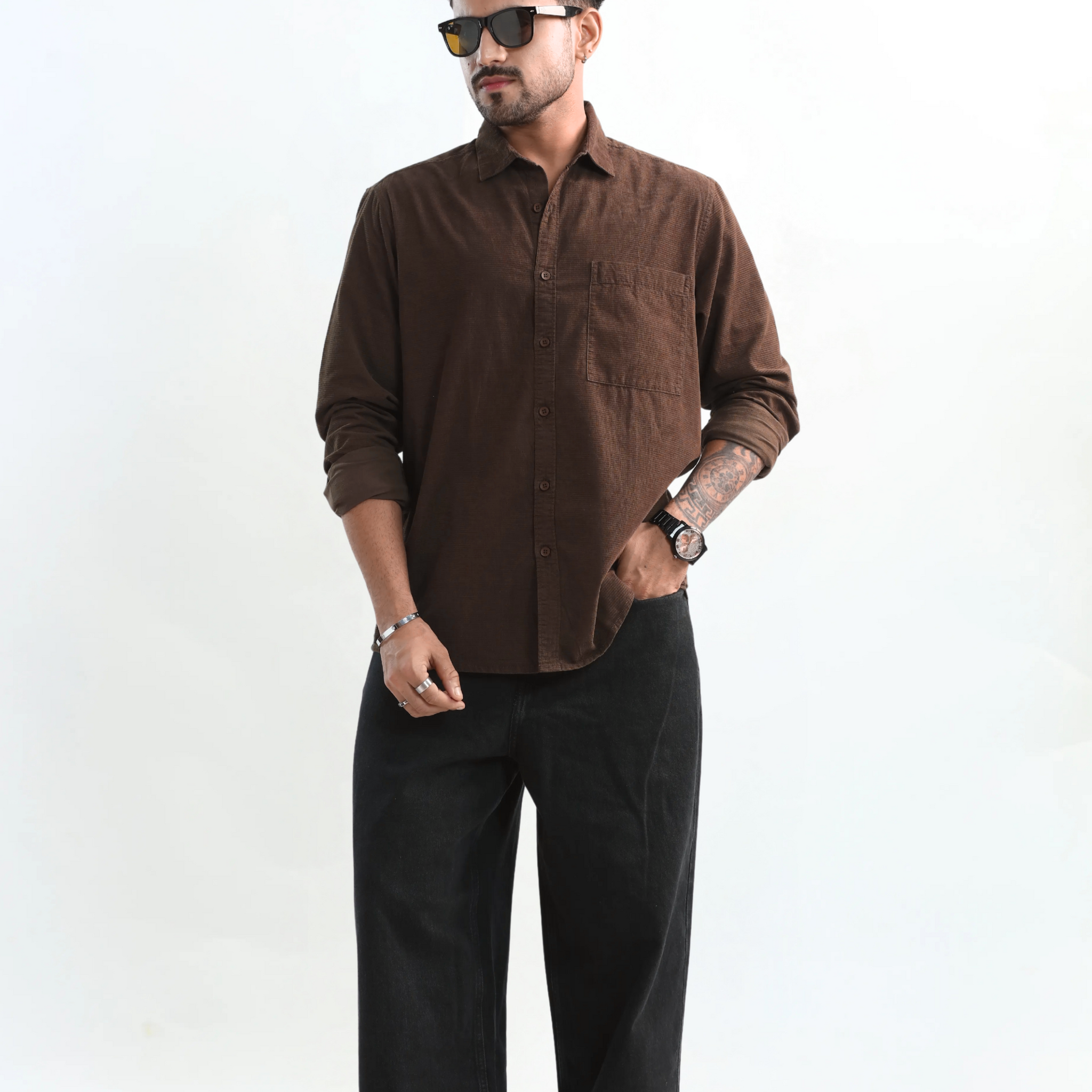 XKIND MEN'S MOCHA BROWN FINE CORDUROY REGULAR FIT SHIRT