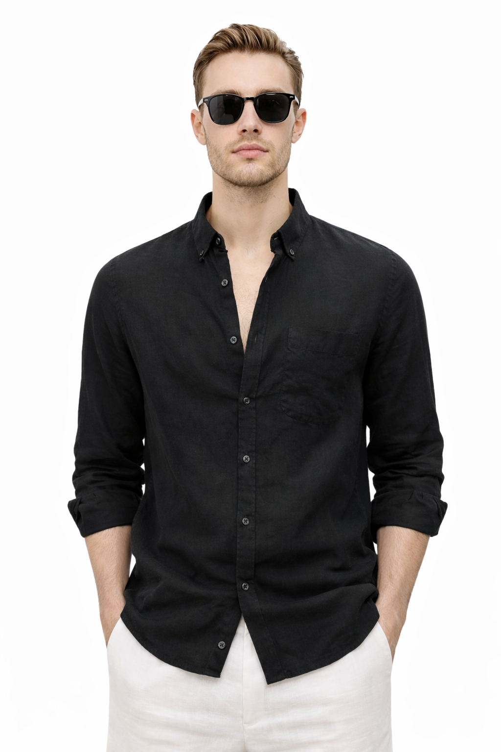 XKIND'S BLACK PURPLE 100% PURE LINEN BUTTON DOWN CASUAL SHIRT