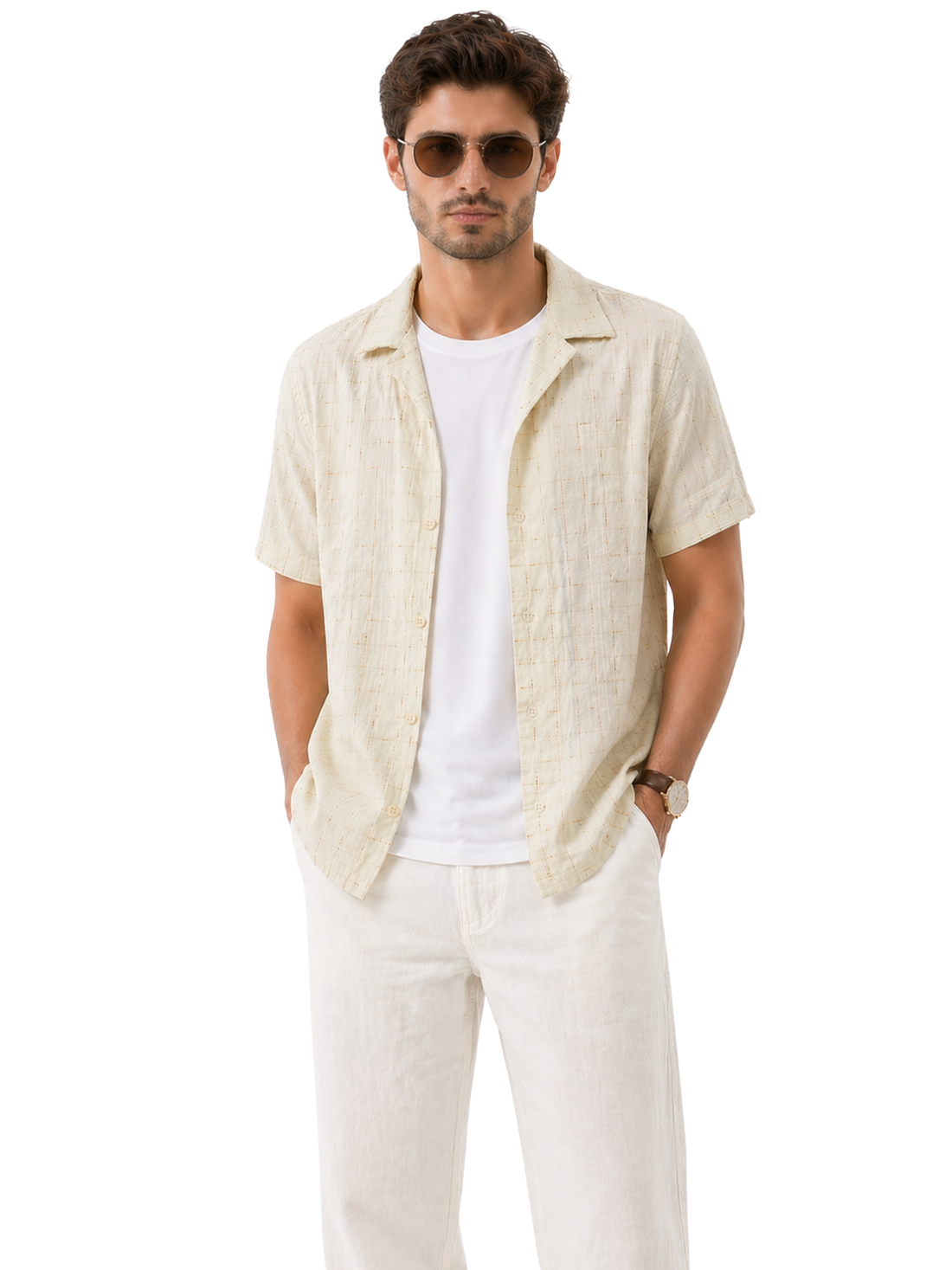 XKIND'S Cream Relaxed Fit 100% Cotton Solid Shirt.