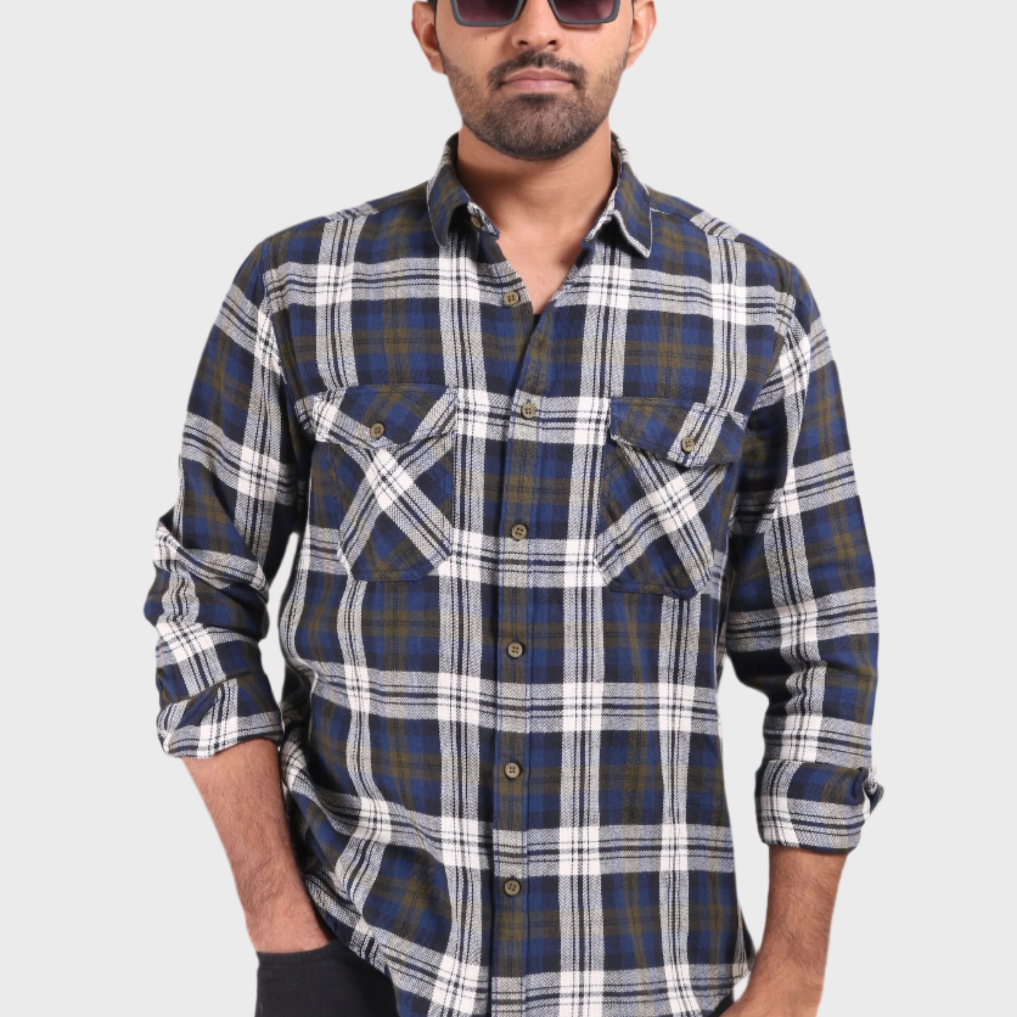 XKIND MEN'S NAVY BLUE TEXTURED CHECKS REGULAR FIT SHIRT