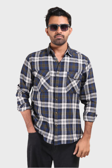 XKIND MEN'S NAVY BLUE TEXTURED CHECKS REGULAR FIT SHIRT