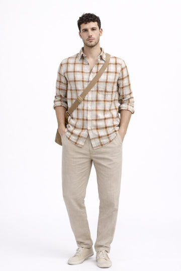 BROWN CHECKS REGULAR FIT LINEN BLEND CASUAL SHIRT