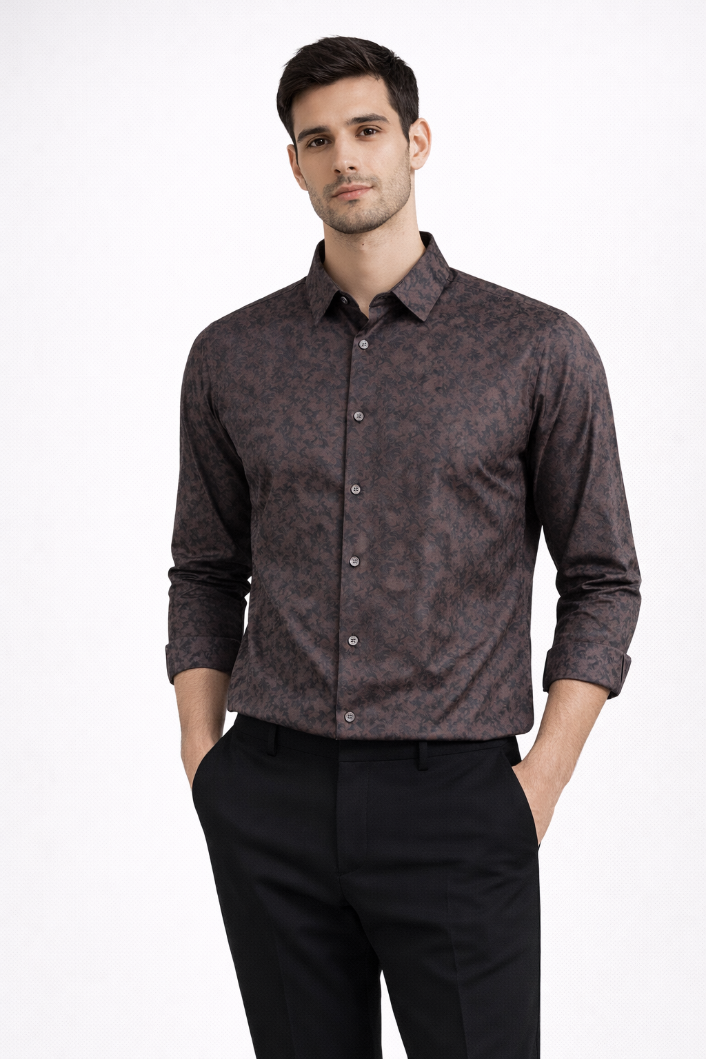 JONESBURG BROWN JACQUARD SLIM FIT FORMAL SHIRT