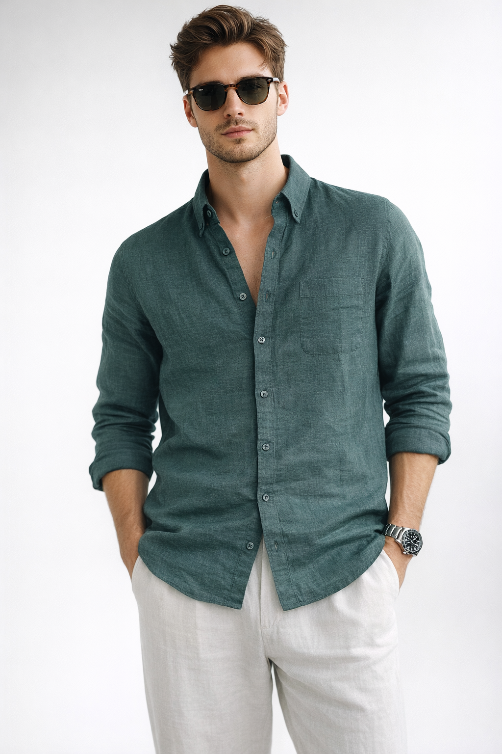 XKIND'S DARK OLIVE 100% PURE LINEN BUTTON DOWN CASUAL SHIRT