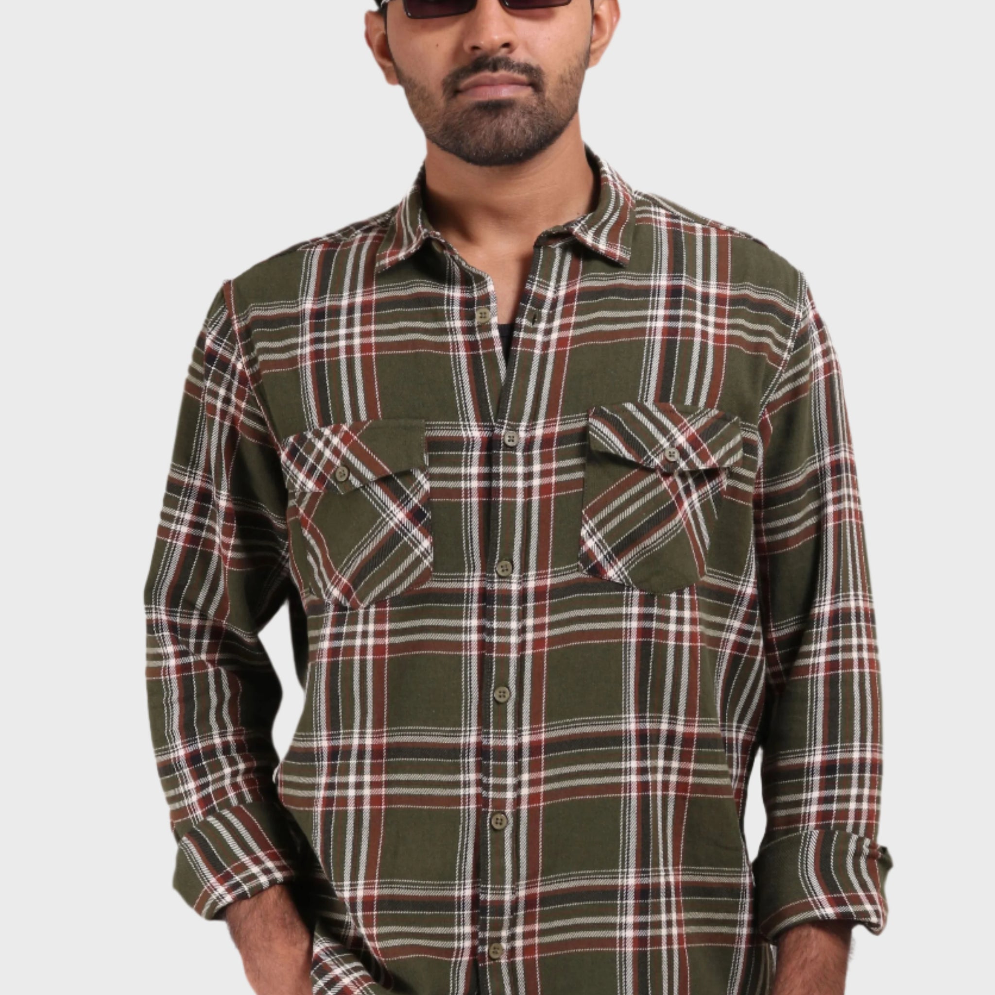 XKIND MENS'S OLIVE GREEN TEXTURED CHECKS REGULAR FIT SHIRT