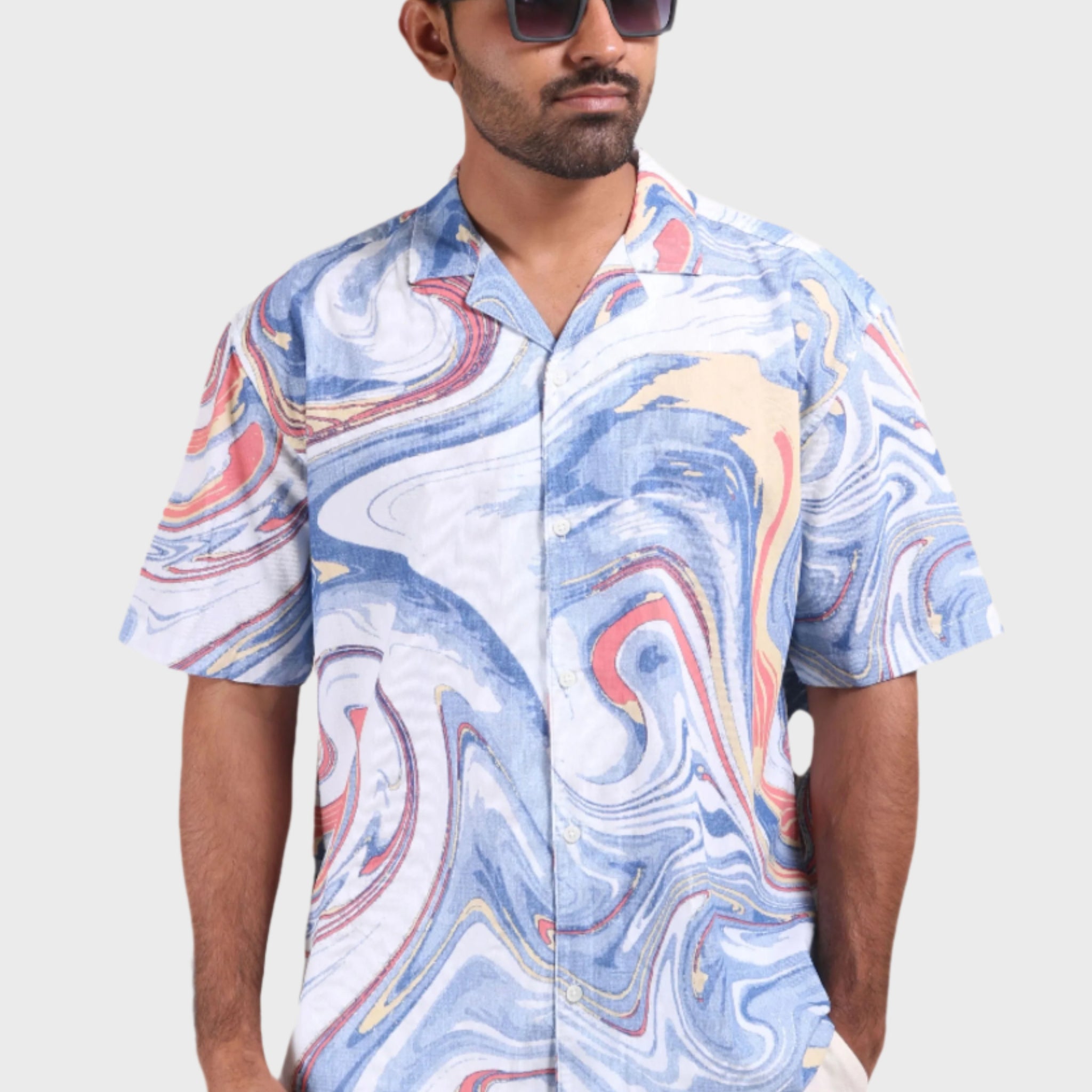 XKIND BLUE FINE CORDUROY DROP SHOULDER PRINTED RELAXED FIT SHIRT