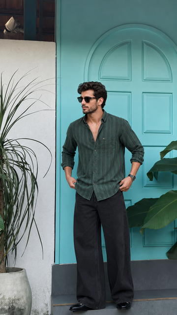 XKIND'S REGULAR FIT DARK GREEN STRIPE SHIRT