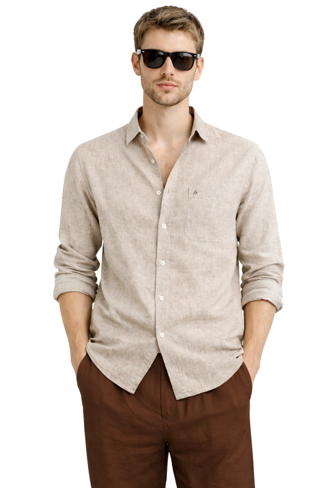 BEIGE CHAMBRAY REGULAR FIT LINEN SHIRTS